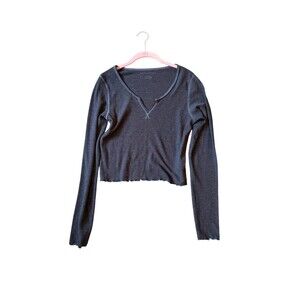 American Eagle Women's Shirt Thermal Long Sleeve Waffle Knit Henley Crop MED